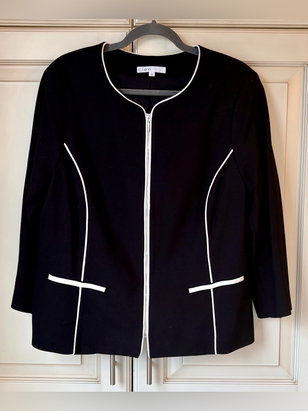 Cleo  Black Jacket with White Piping. Sz XL. Detailed and feminine silhouette